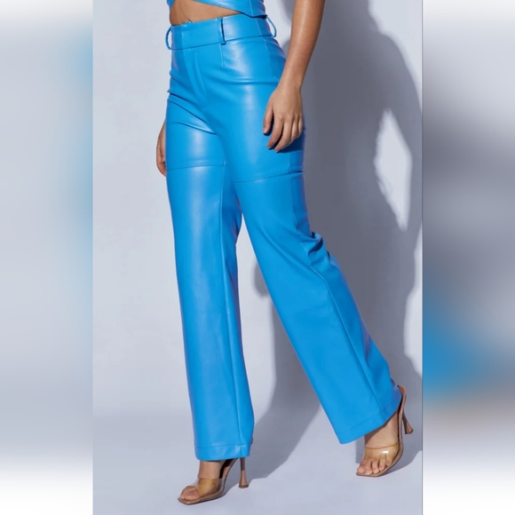 MESHKI - Sima Faux Leather High Waist Pants, Azure Blue - Picture 1 of 7